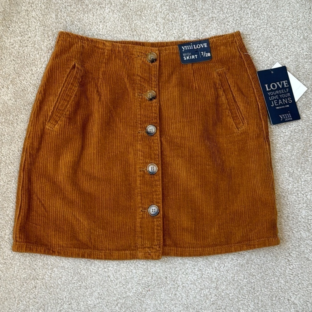 NWT YMI Brown Corduroy Skirt High Waisted Button Front Side Pockets Size 28